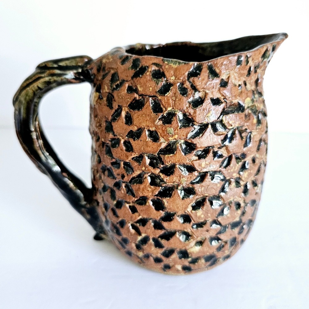 Vintage Handmade Studio Pottery Pitcher Brutalist Textured Lava Glaze Earthy Jug